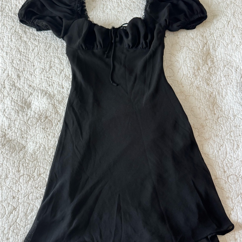 American Threads Black Ruched Puff Sleeve Mini Dress